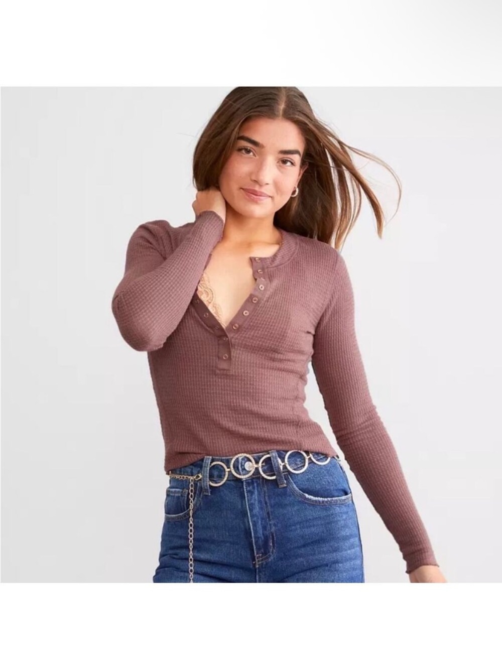 Intimately Free People Pink Mauve Long Sleeve One Of The Girls Henley Top Size L